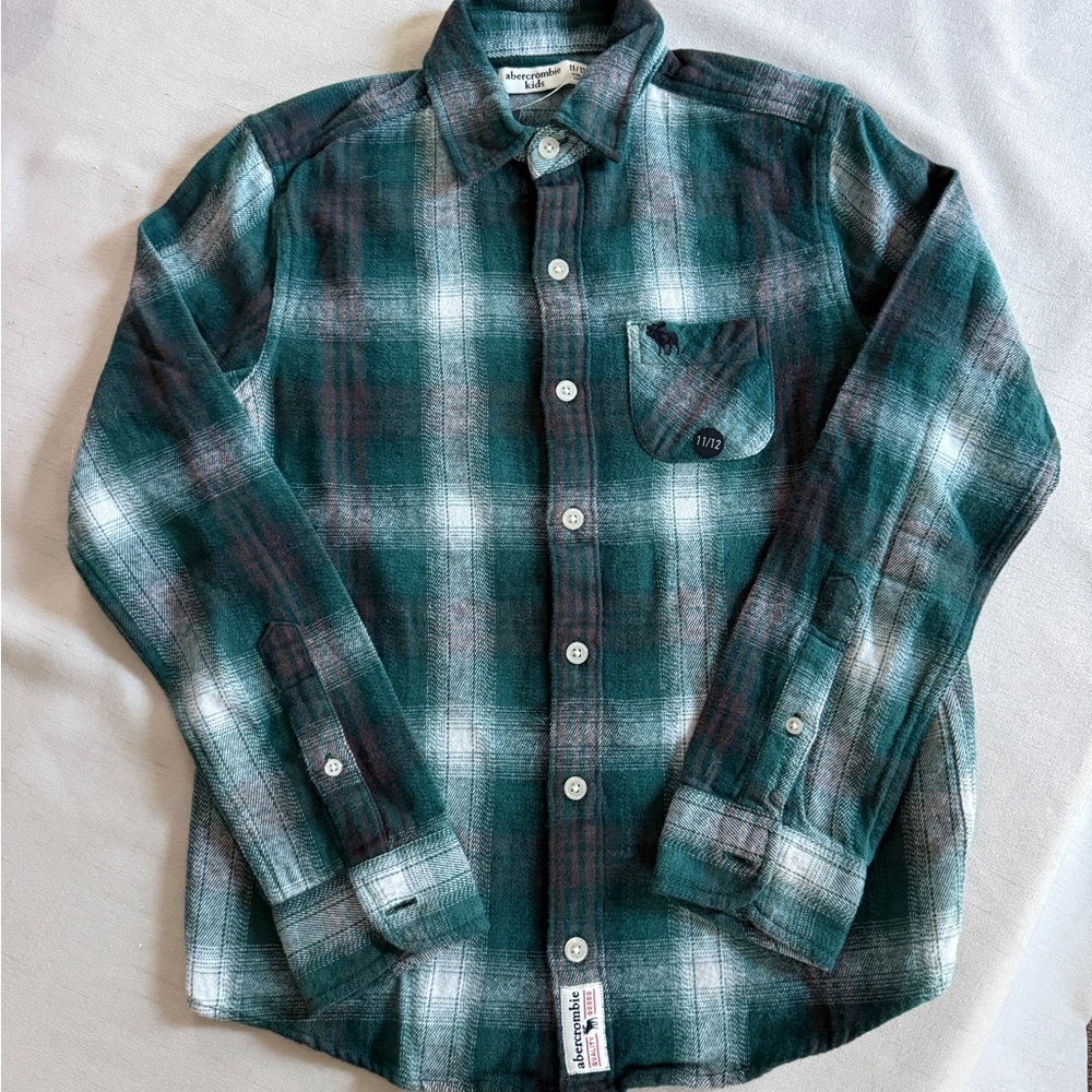 Boy Abercrombie Kids Green Plaid Flannel Shirt 11/12 New w Tags